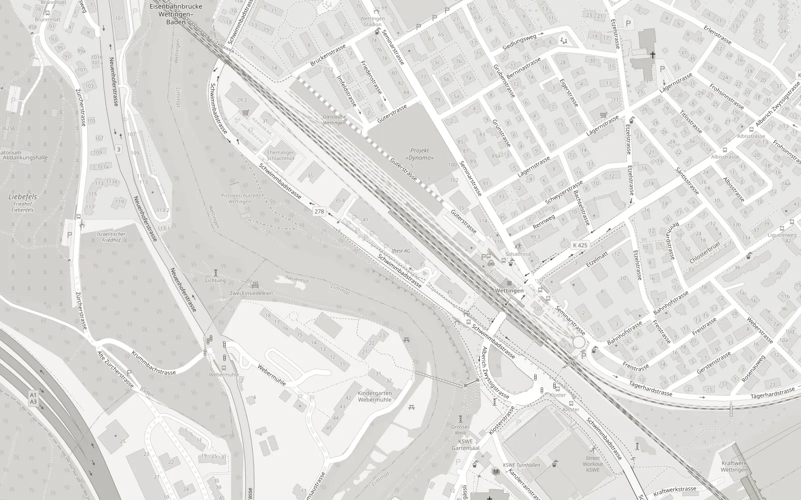 Kartenausschnitt Wettingen mit Markierung der Liegenschaft Schwimmbadstrasse 45, 5430 Wettingen, zwischen Bahnlinie und Limmat, wenige Gehminuten vom Bahnhof Wettingen.